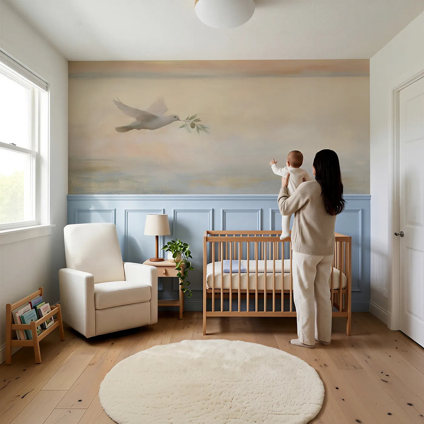 Child reading near The Leaf In Her Beak Wainscoting Wallpaper by Whimsy Tots