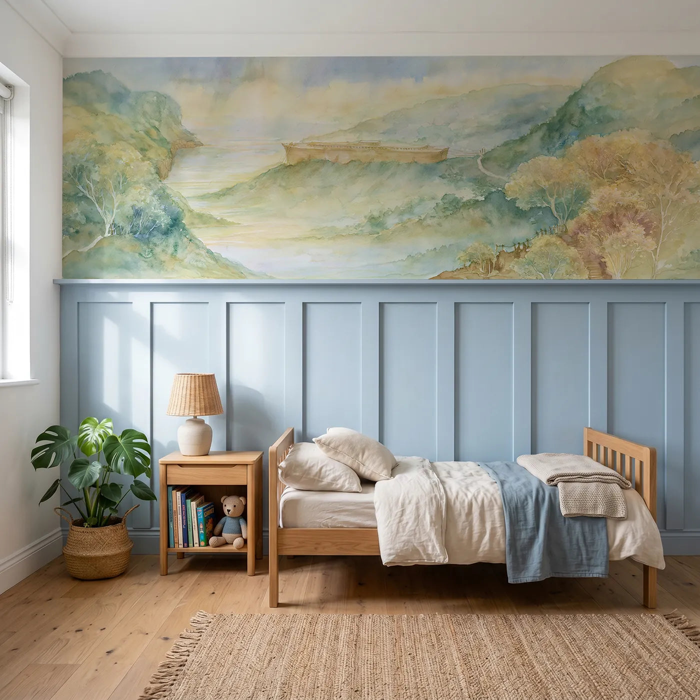Watercolor wainscoting wallpaper of the ark at rest by Whimsy Tots