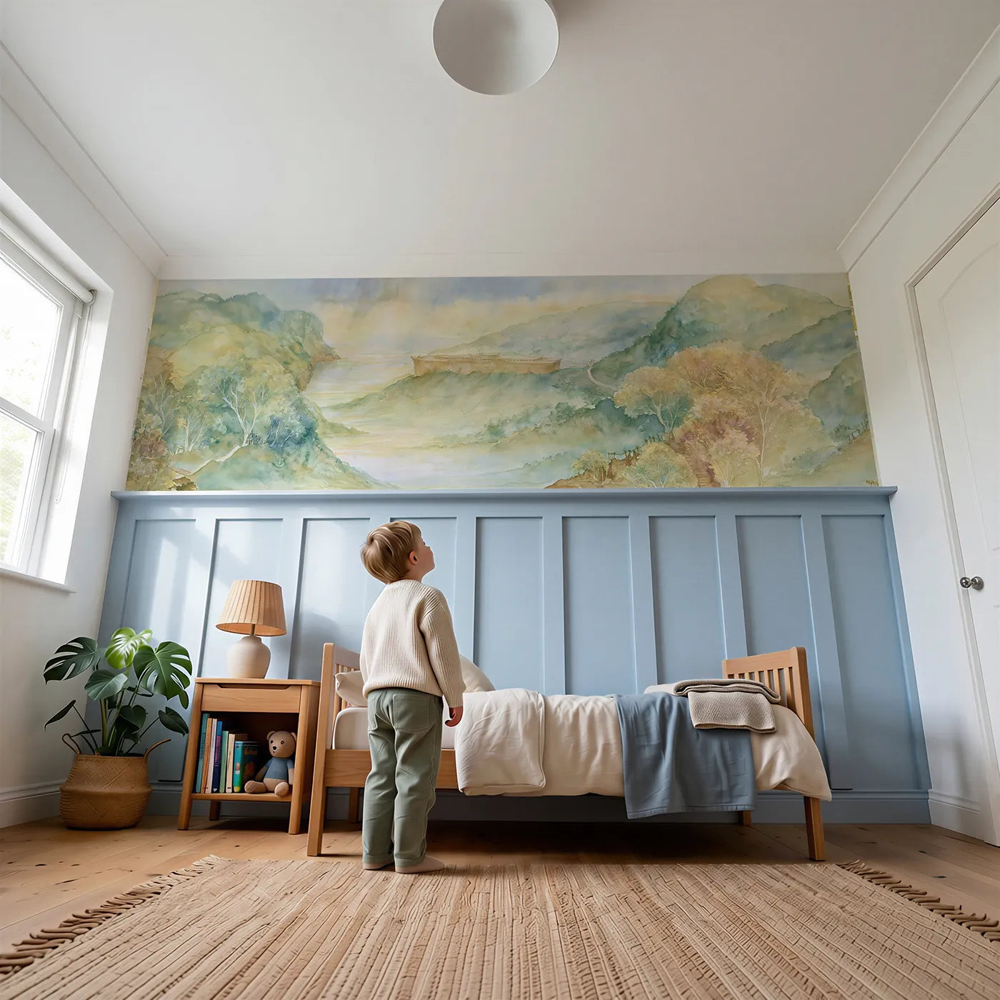 Child reading near The Ark At Rest Wainscoting Wallpaper by Whimsy Tots