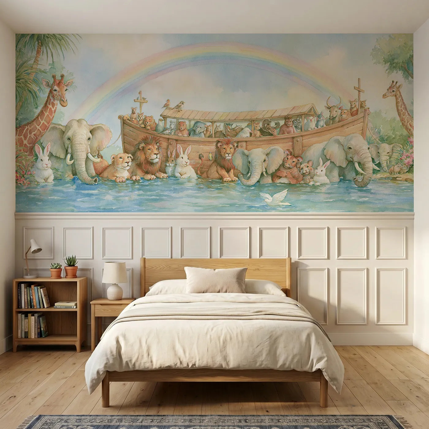Storybook wainscoting wallpaper of the ark and the animals by Whimsy Tots