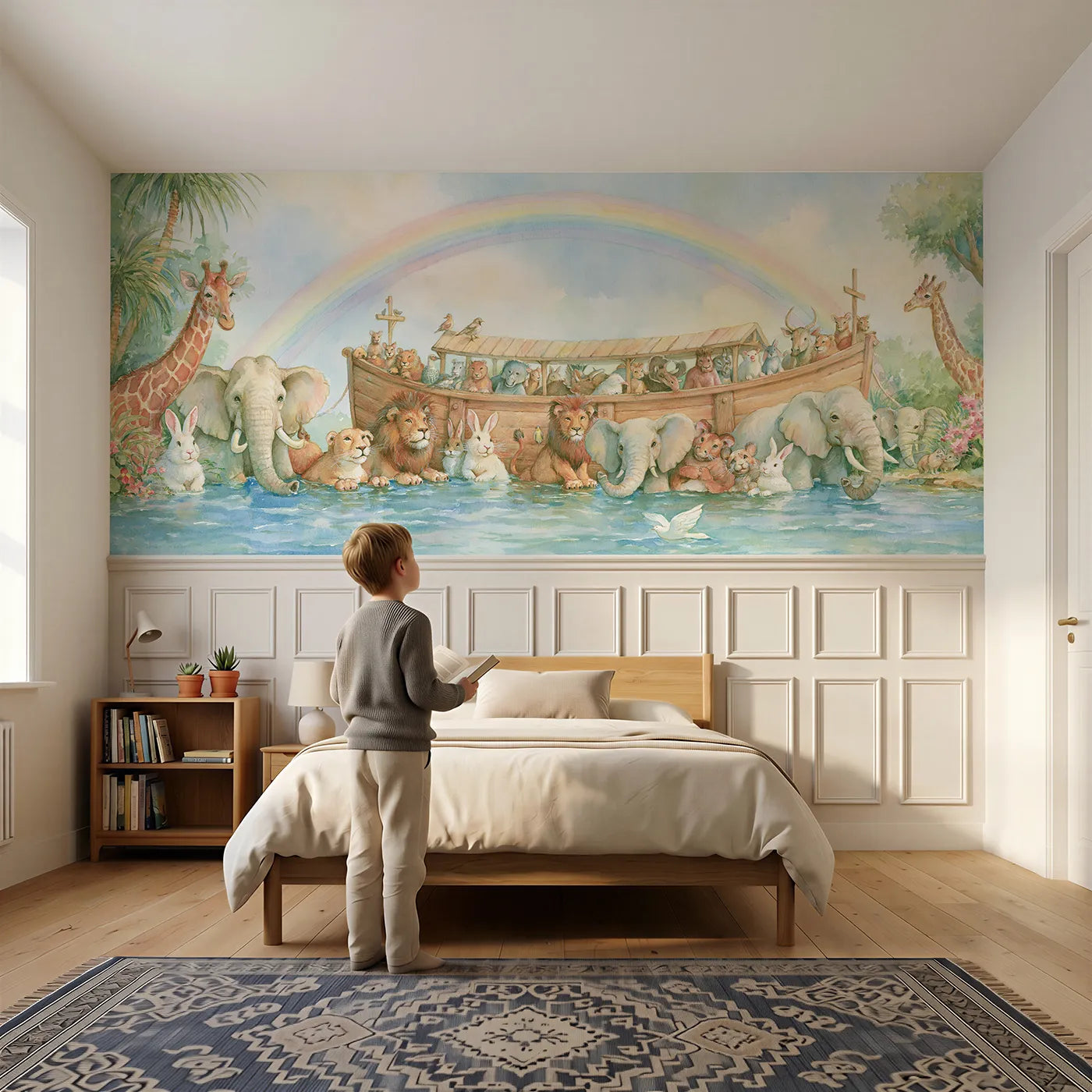 Child reading near The Ark And The Animals Wainscoting Wallpaper by Whimsy Tots