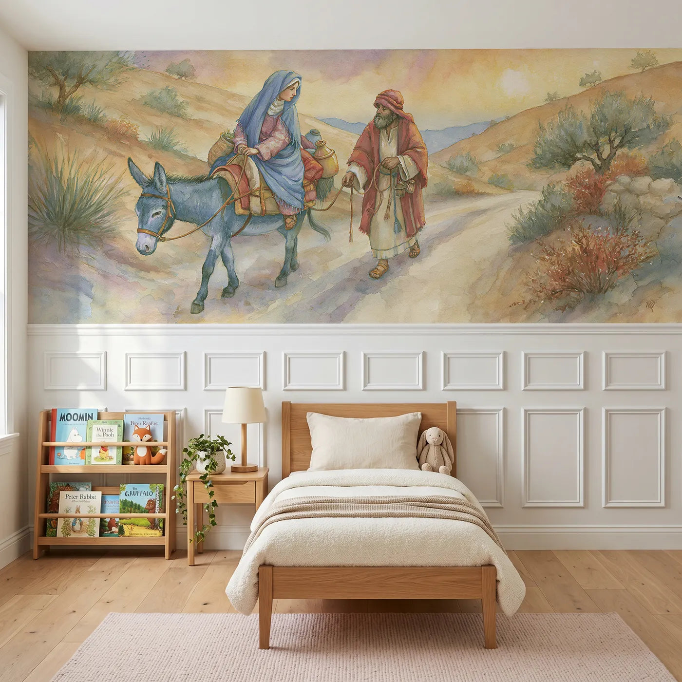 Storybook wainscoting wallpaper of the road to Bethlehem by Whimsy Tots