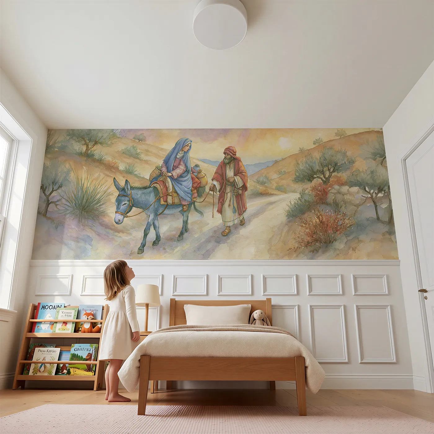 Child reading near The Road To Bethlehem Wainscoting Wallpaper by Whimsy Tots
