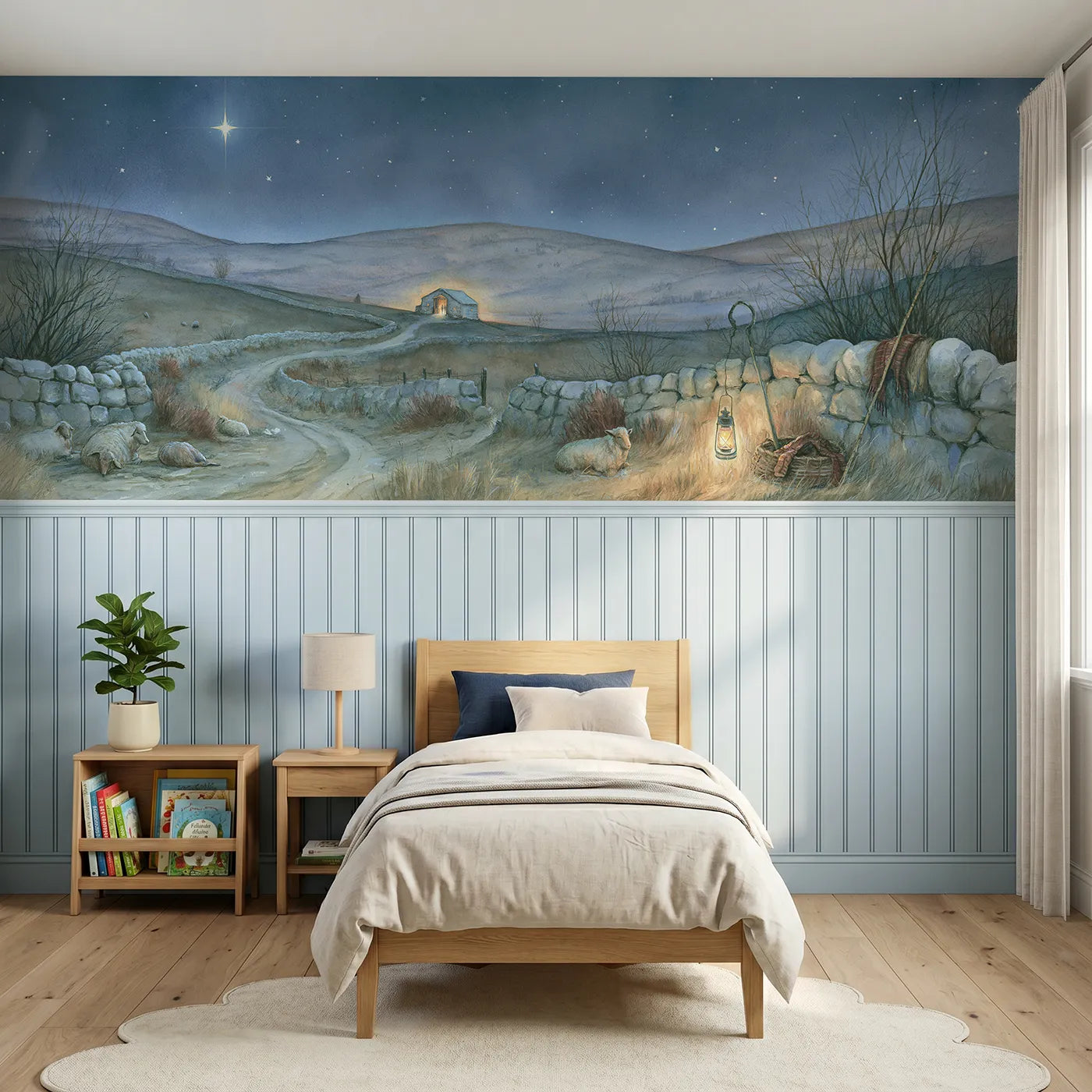 Storybook wainscoting wallpaper of the stable far and small by Whimsy Tots
