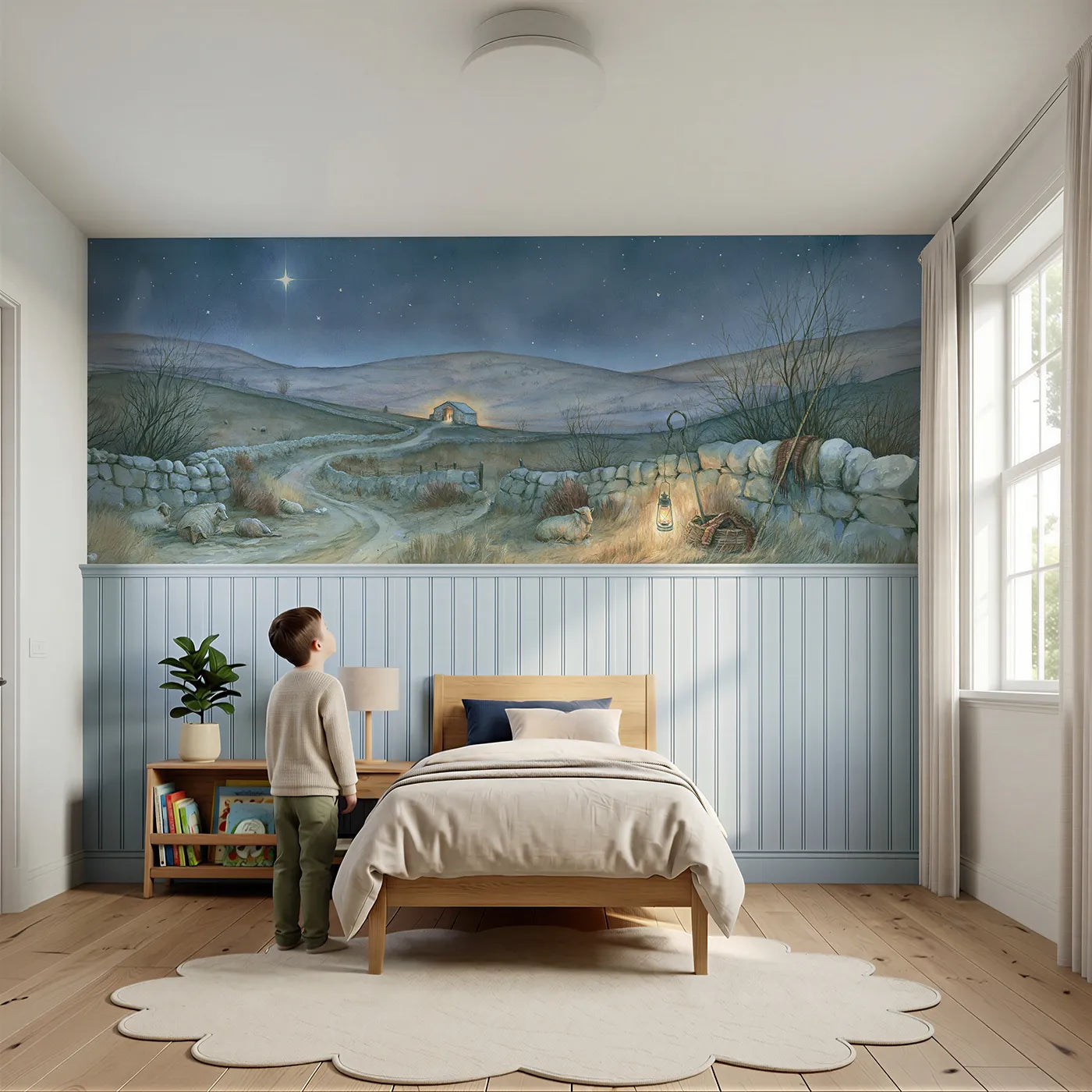 Child reading near The Stable Far And Small Wainscoting Wallpaper by Whimsy Tots