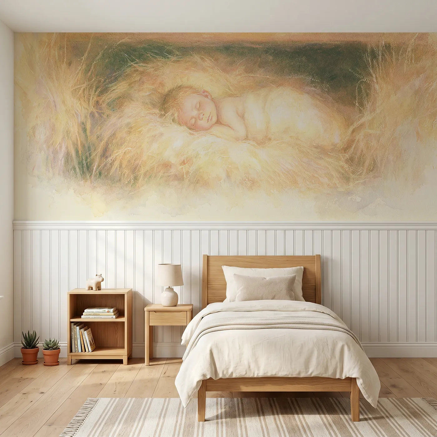 Soft pastel wainscoting wallpaper of asleep in the manger by Whimsy Tots