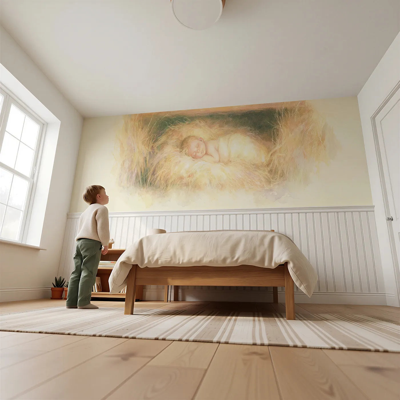 Child reading near Asleep In The Manger Wainscoting Wallpaper by Whimsy Tots