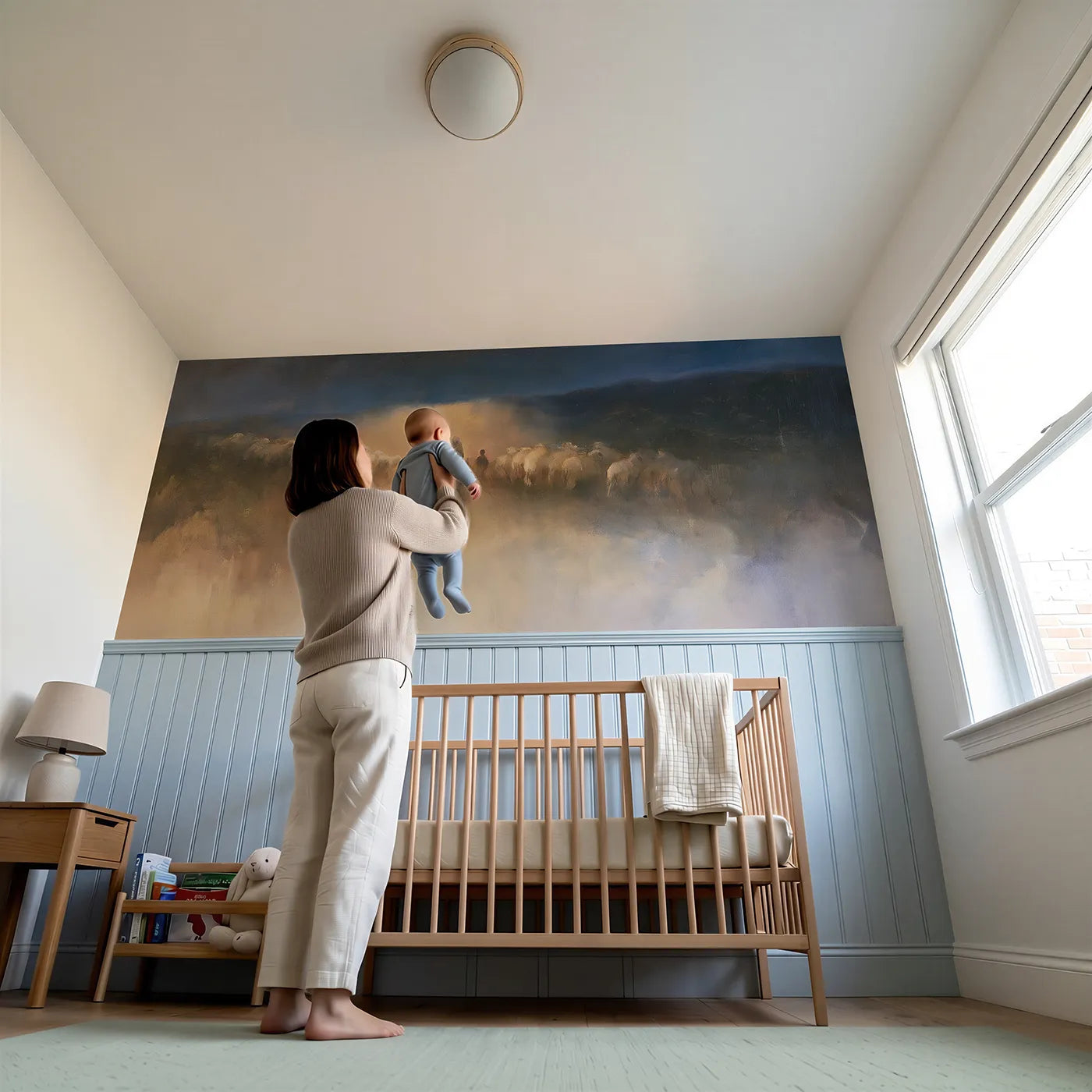 Child reading near The Light On The Hillside Wainscoting Wallpaper by Whimsy Tots