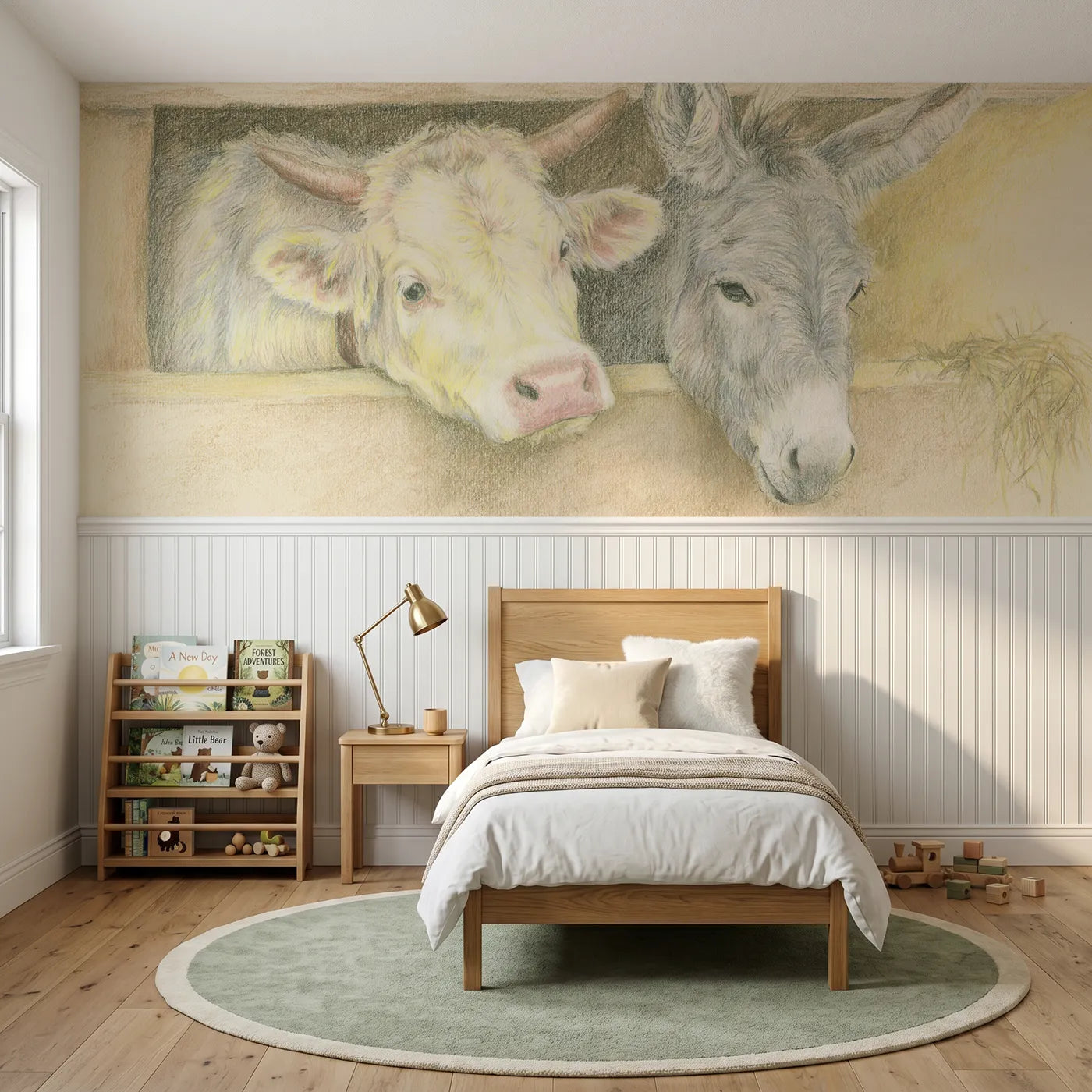 Colored pencil wainscoting wallpaper of the ox and the donkey by Whimsy Tots