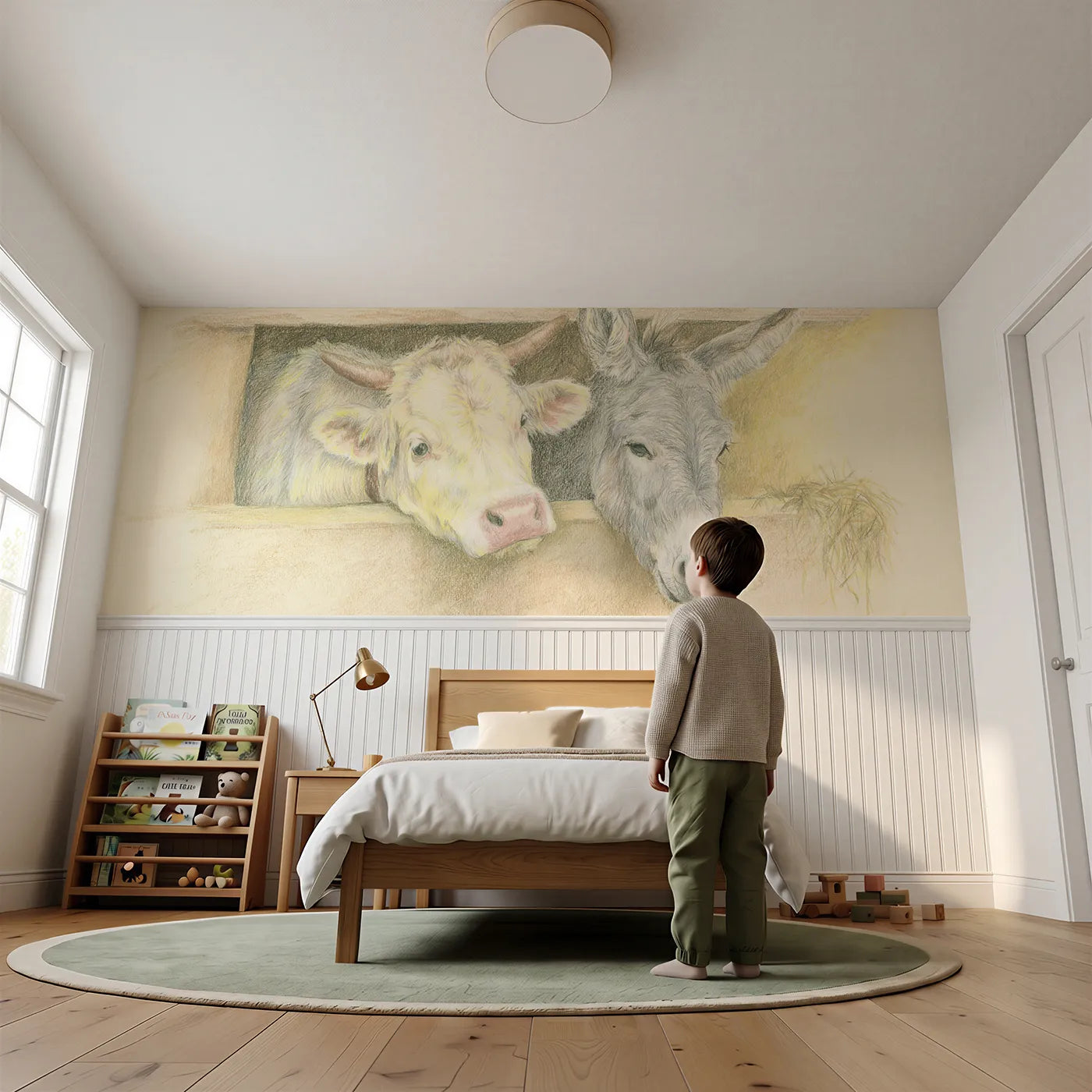 Child reading near The Ox And The Donkey Wainscoting Wallpaper by Whimsy Tots