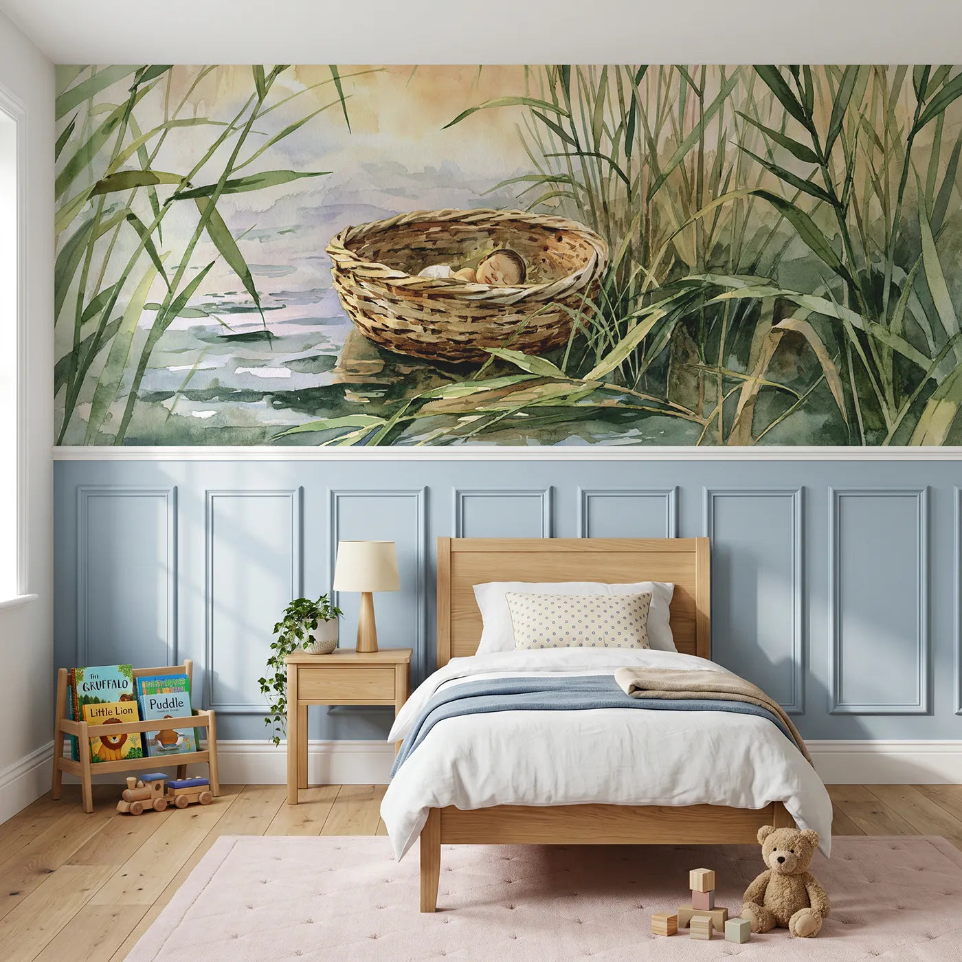 Watercolor wainscoting wallpaper of the basket in the reeds by Whimsy Tots