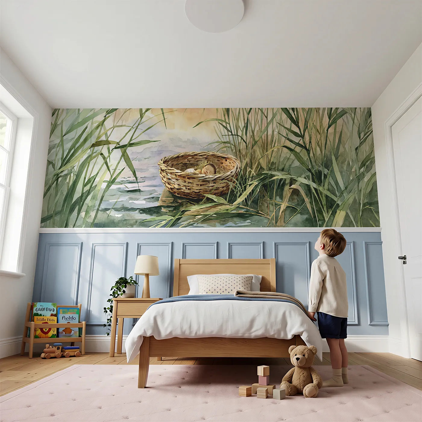 Child reading near The Basket In The Reeds Wainscoting Wallpaper by Whimsy Tots