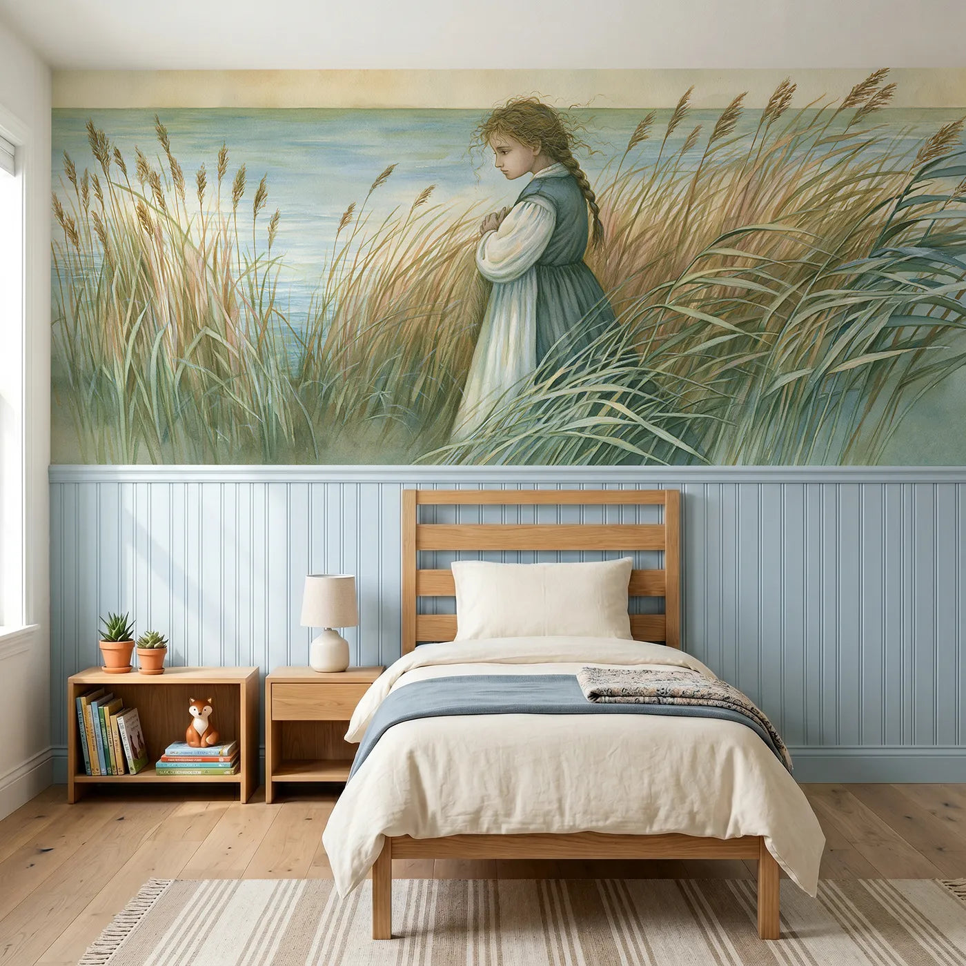 Storybook wainscoting wallpaper of Miriam watching near by Whimsy Tots