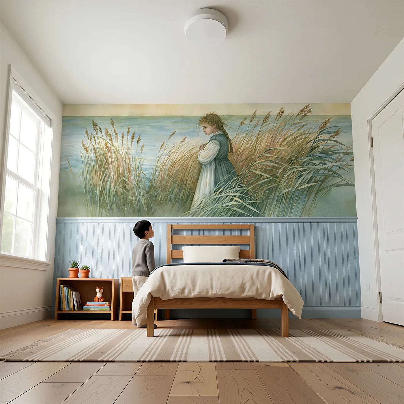 Child reading near Miriam Watching Near Wainscoting Wallpaper by Whimsy Tots