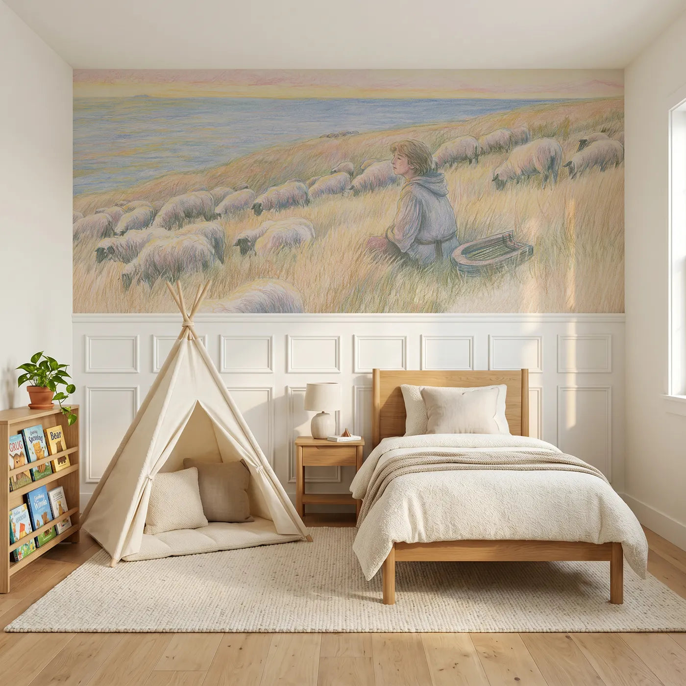 Colored pencil wainscoting wallpaper of the harp in the grass by Whimsy Tots