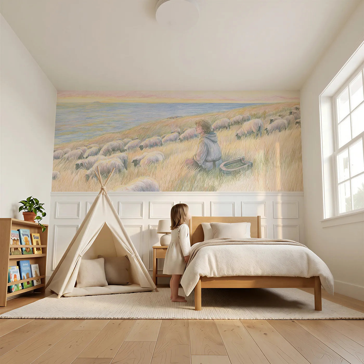 Child reading near The Harp In The Grass Wainscoting Wallpaper by Whimsy Tots