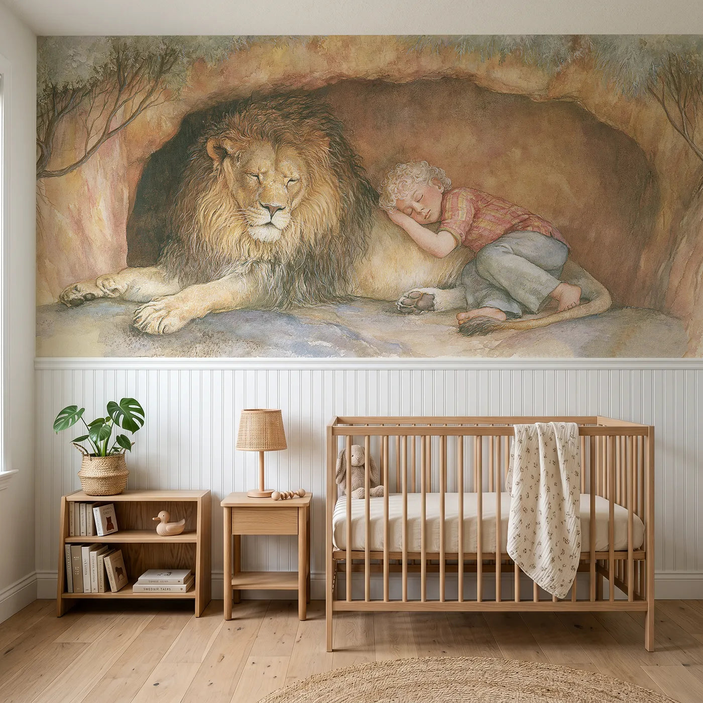 Storybook wainscoting wallpaper of the lion keeping watch by Whimsy Tots