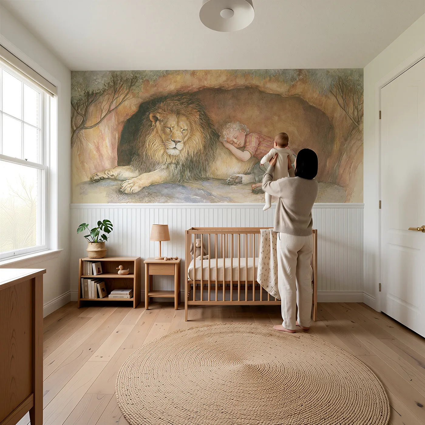 Child reading near The Lion Keeps Watch Wainscoting Wallpaper by Whimsy Tots