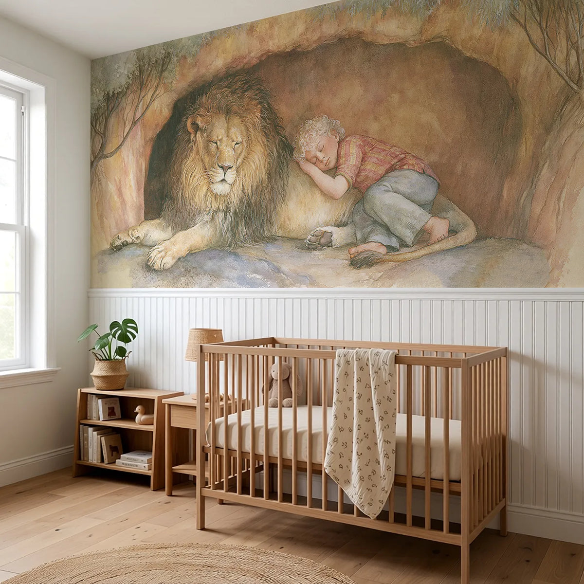 The Lion Keeps Watch Wainscoting Wallpaper styled in a kids room by Whimsy Tots