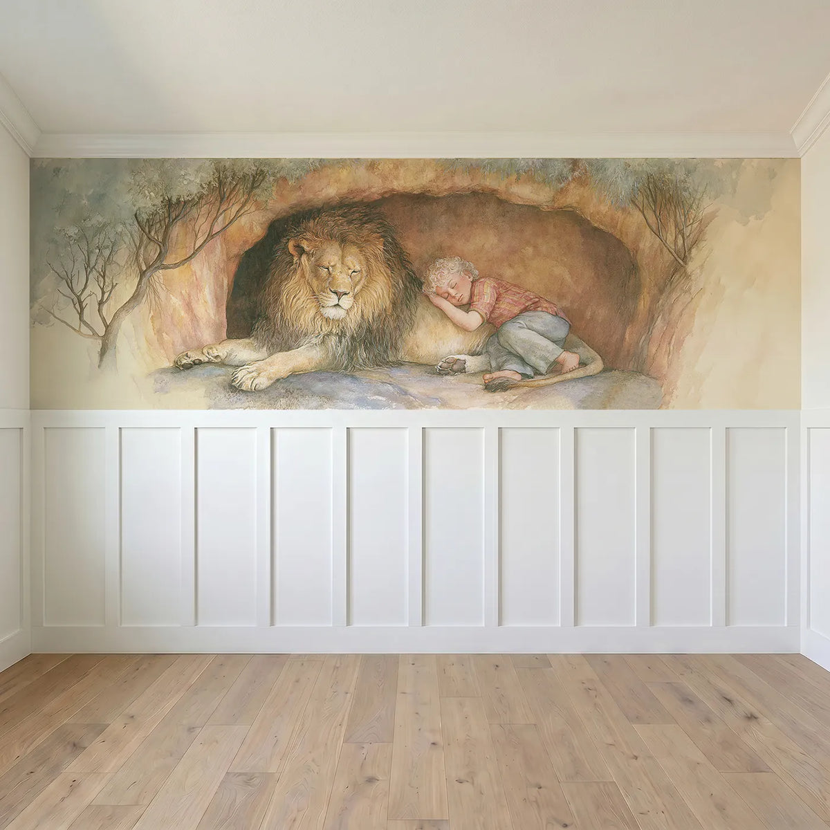 Full panel view of The Lion Keeps Watch Wainscoting Wallpaper by Whimsy Tots
