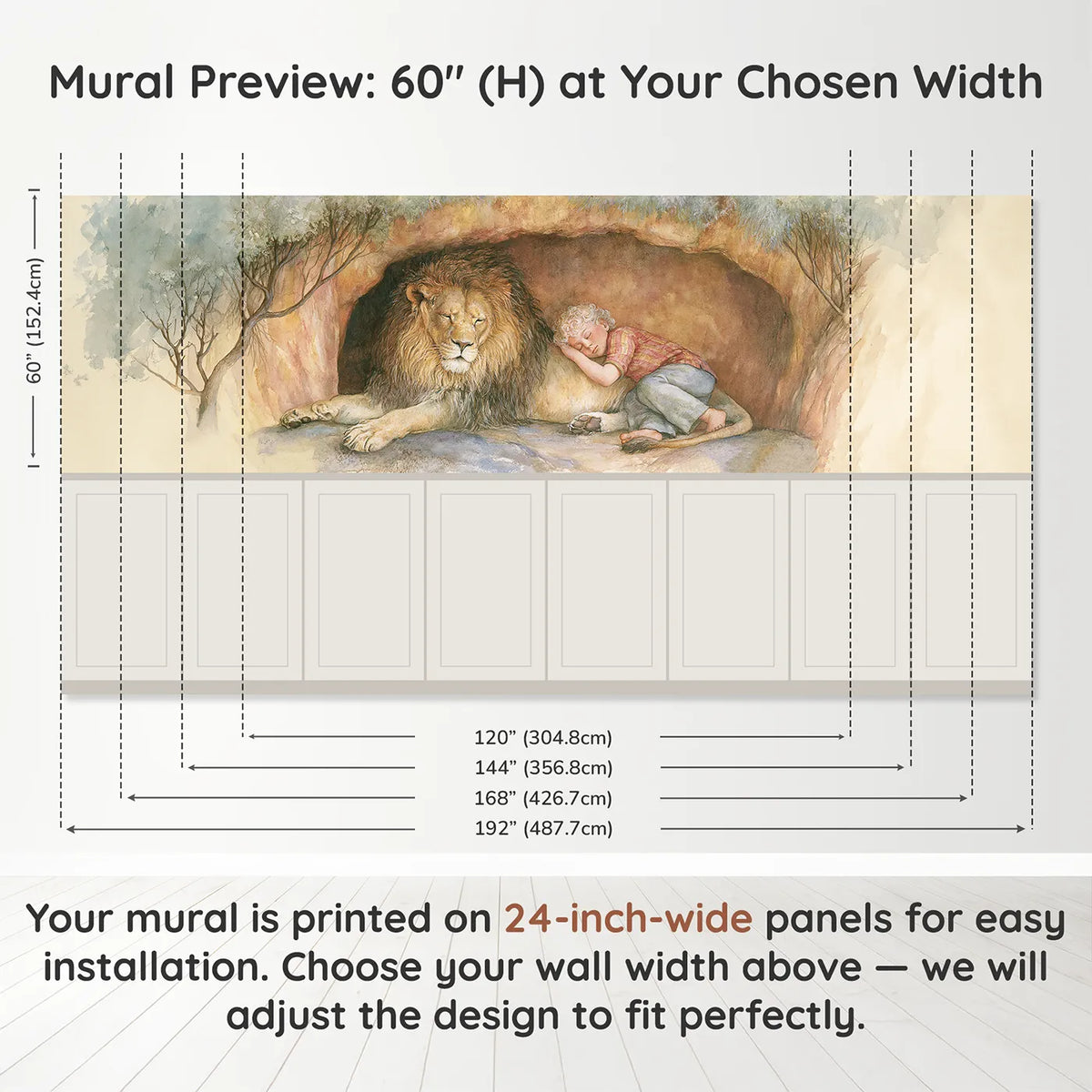 Panel dimensions for The Lion Keeps Watch Wainscoting Wallpaper by Whimsy Tots