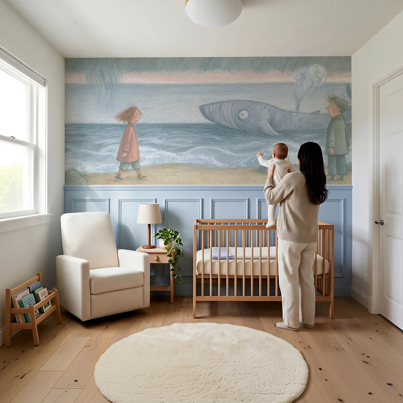 Child reading near Walking The Shore After Wainscoting Wallpaper by Whimsy Tots