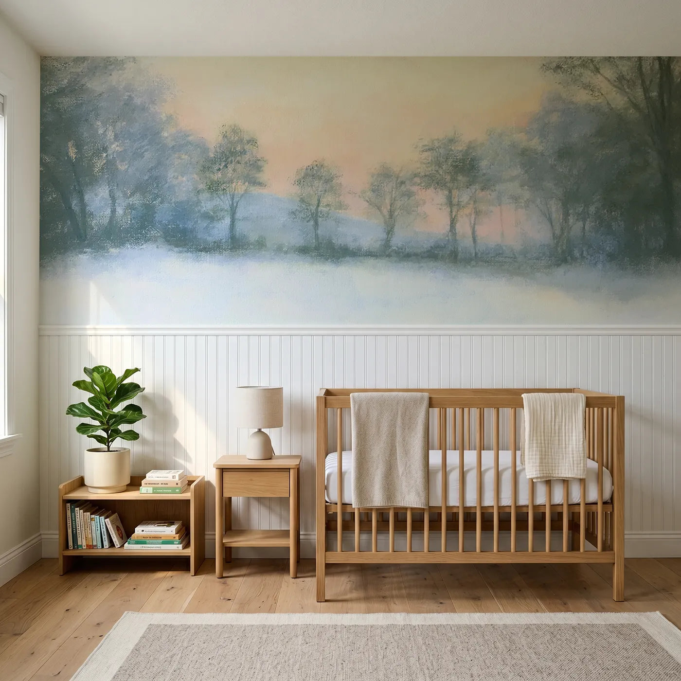 Soft pastel wainscoting wallpaper of the first evening by Whimsy Tots