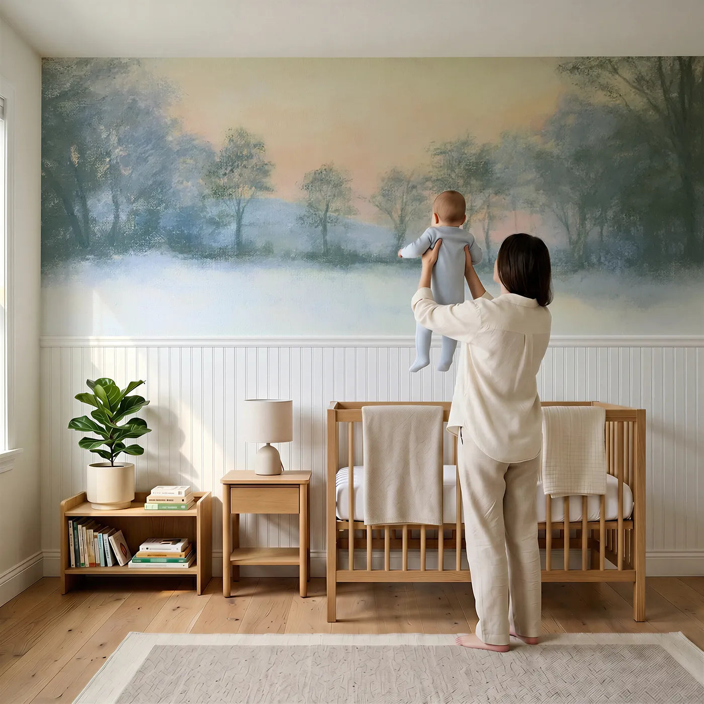 Child reading near The First Evening Wainscoting Wallpaper by Whimsy Tots