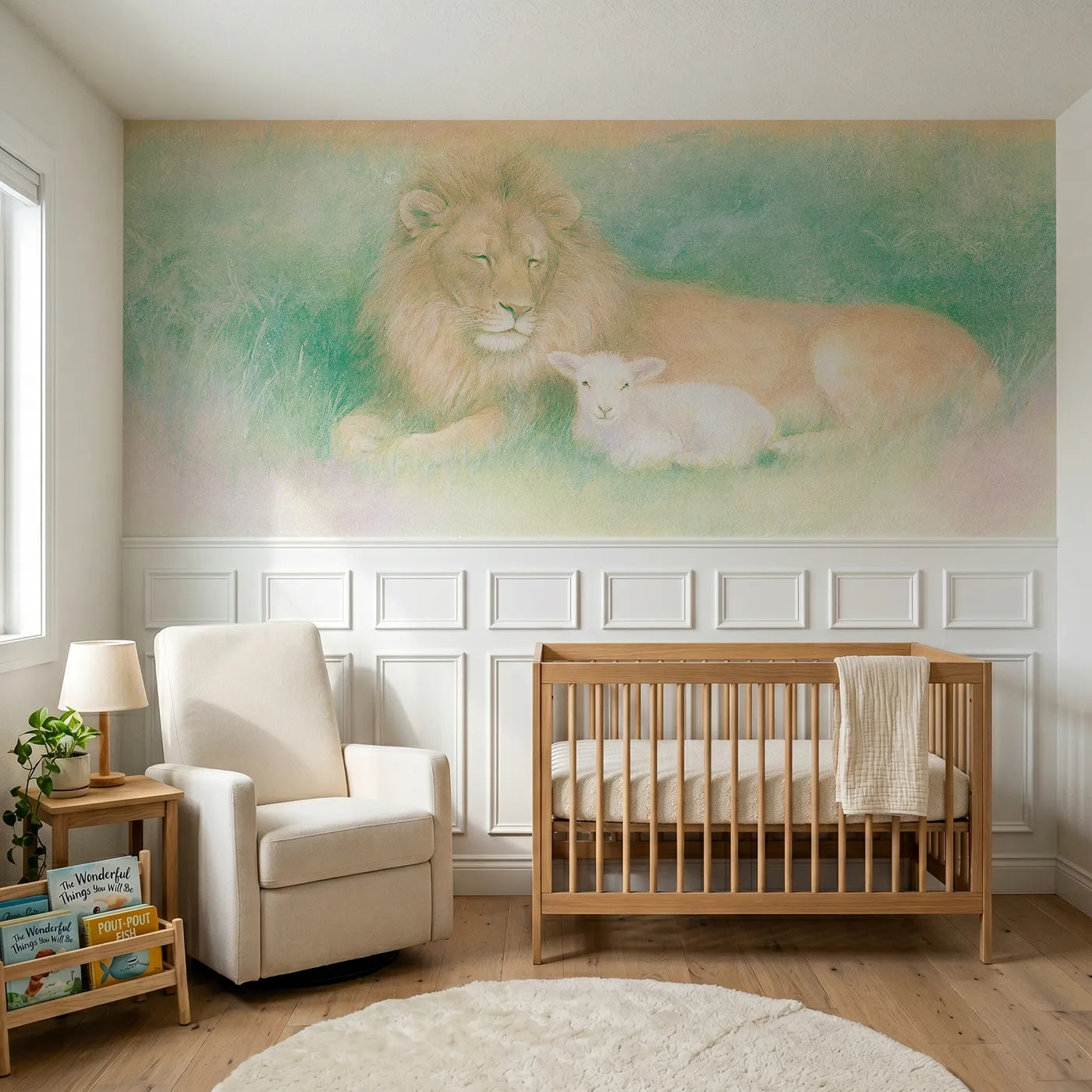 Soft pastel wainscoting wallpaper of the peaceable kingdom by Whimsy Tots