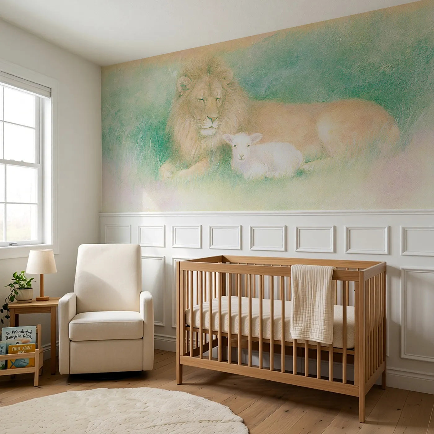 The Peaceable Kingdom Wainscoting Wallpaper styled in a kids room by Whimsy Tots