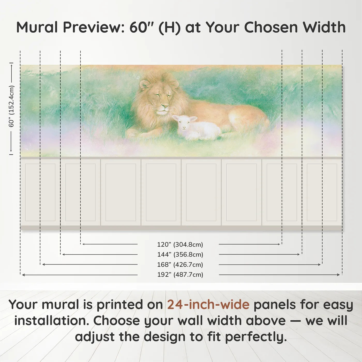 Panel dimensions for The Peaceable Kingdom Wainscoting Wallpaper by Whimsy Tots