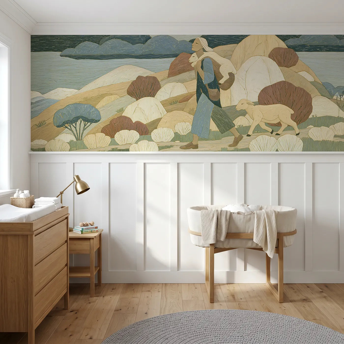 Block print wainscoting wallpaper of carried home on shoulders by Whimsy Tots