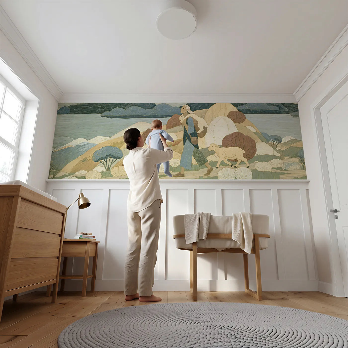 Child reading near Carried Home On Shoulders Wainscoting Wallpaper by Whimsy Tots