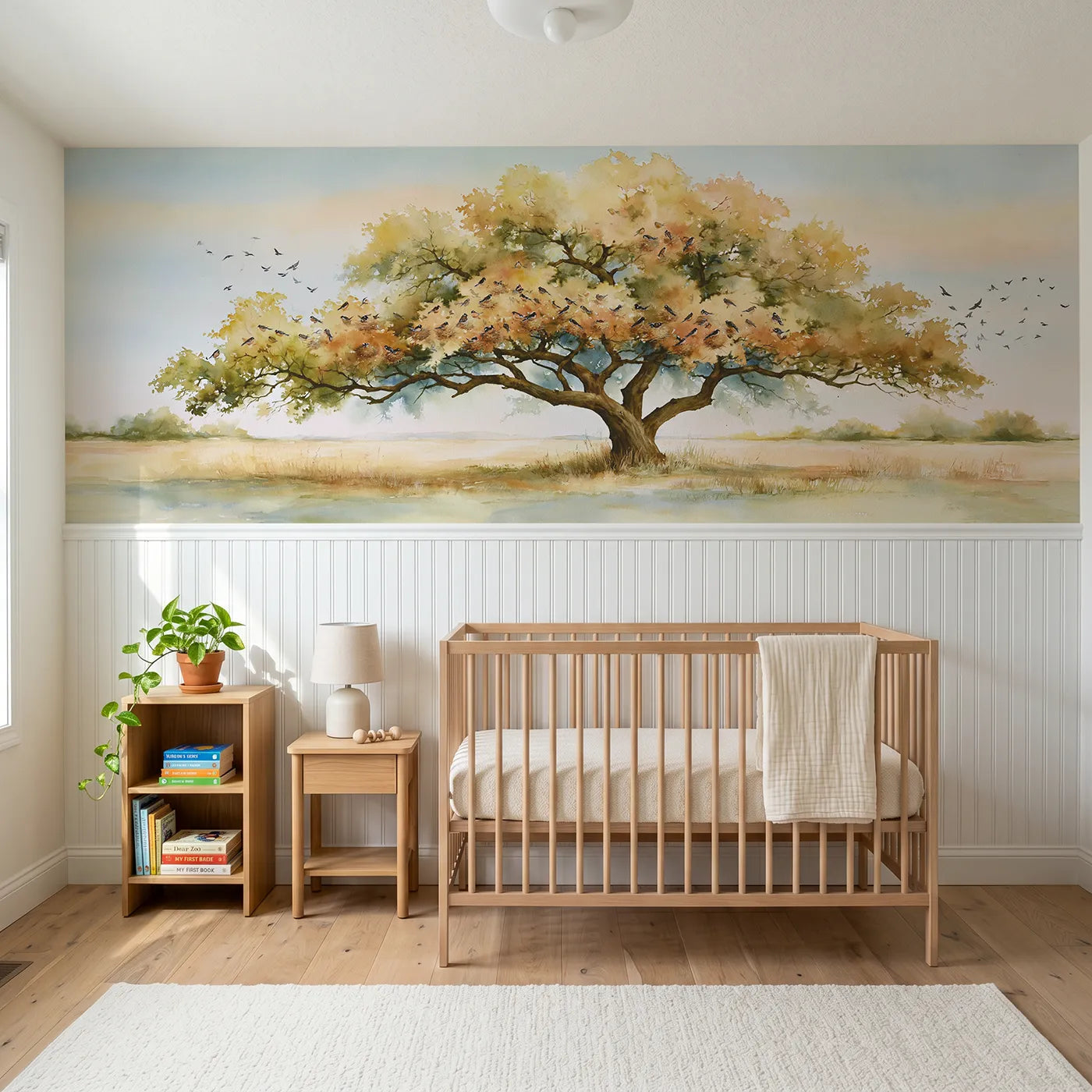 Watercolor wainscoting wallpaper of the mustard seed tree by Whimsy Tots