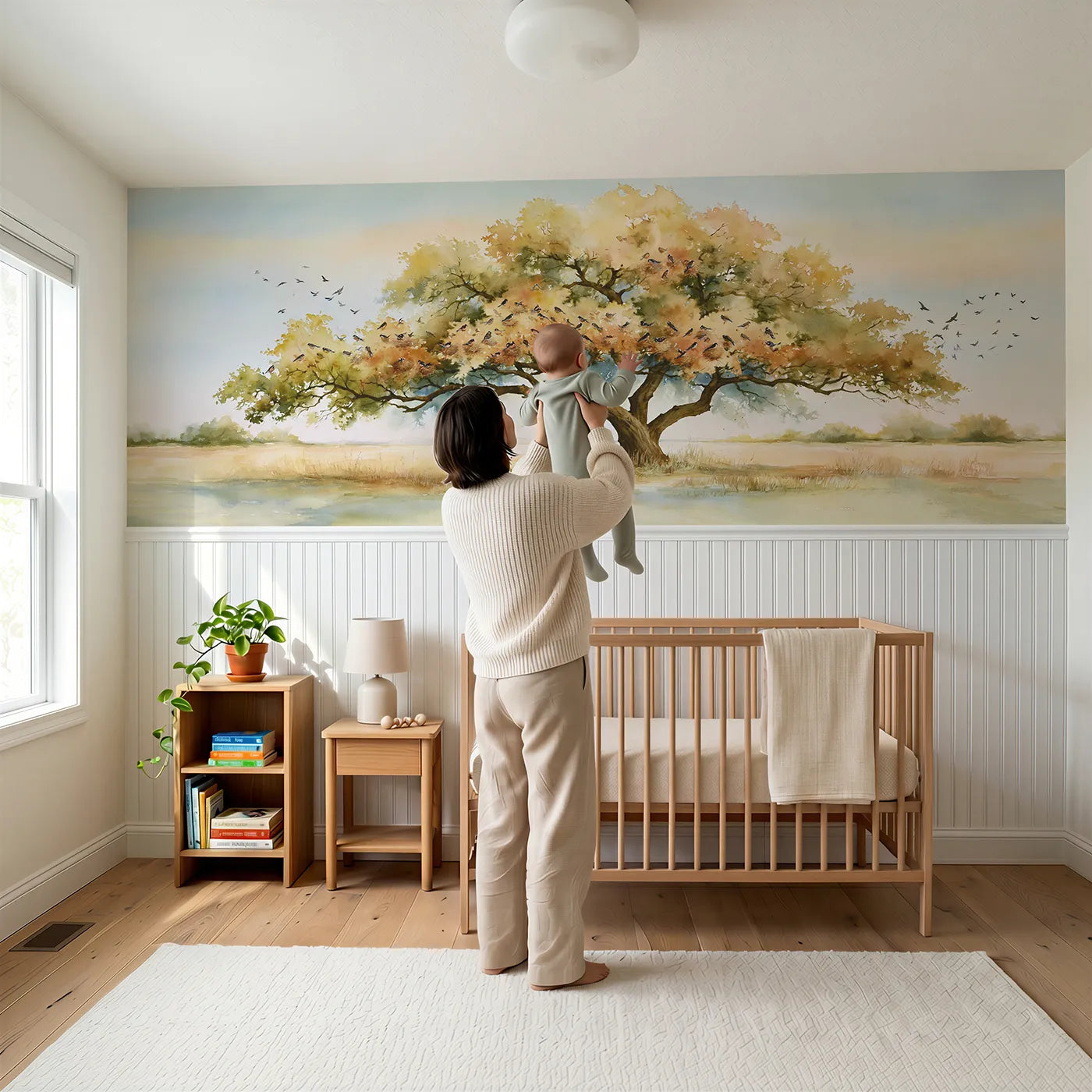 Child reading near The Mustard Seed Tree Wainscoting Wallpaper by Whimsy Tots