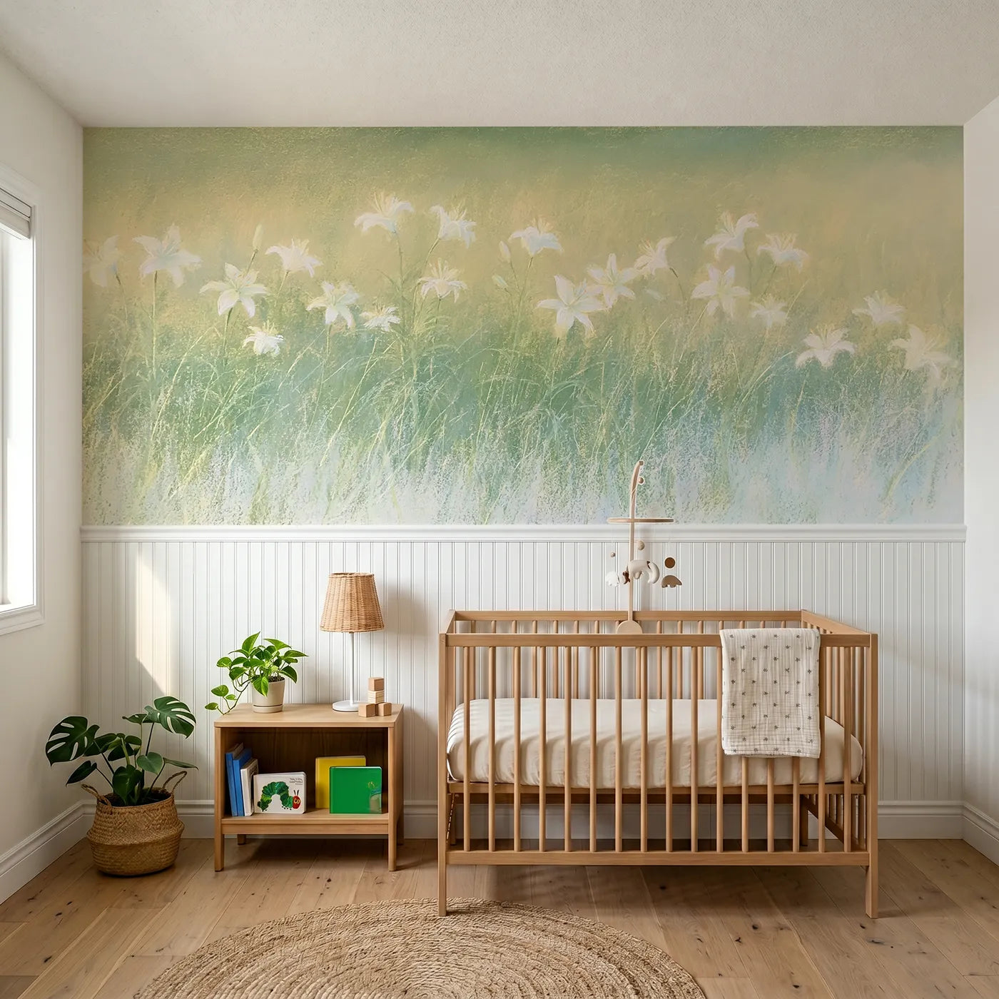 Soft pastel wainscoting wallpaper of the lilies of the field by Whimsy Tots