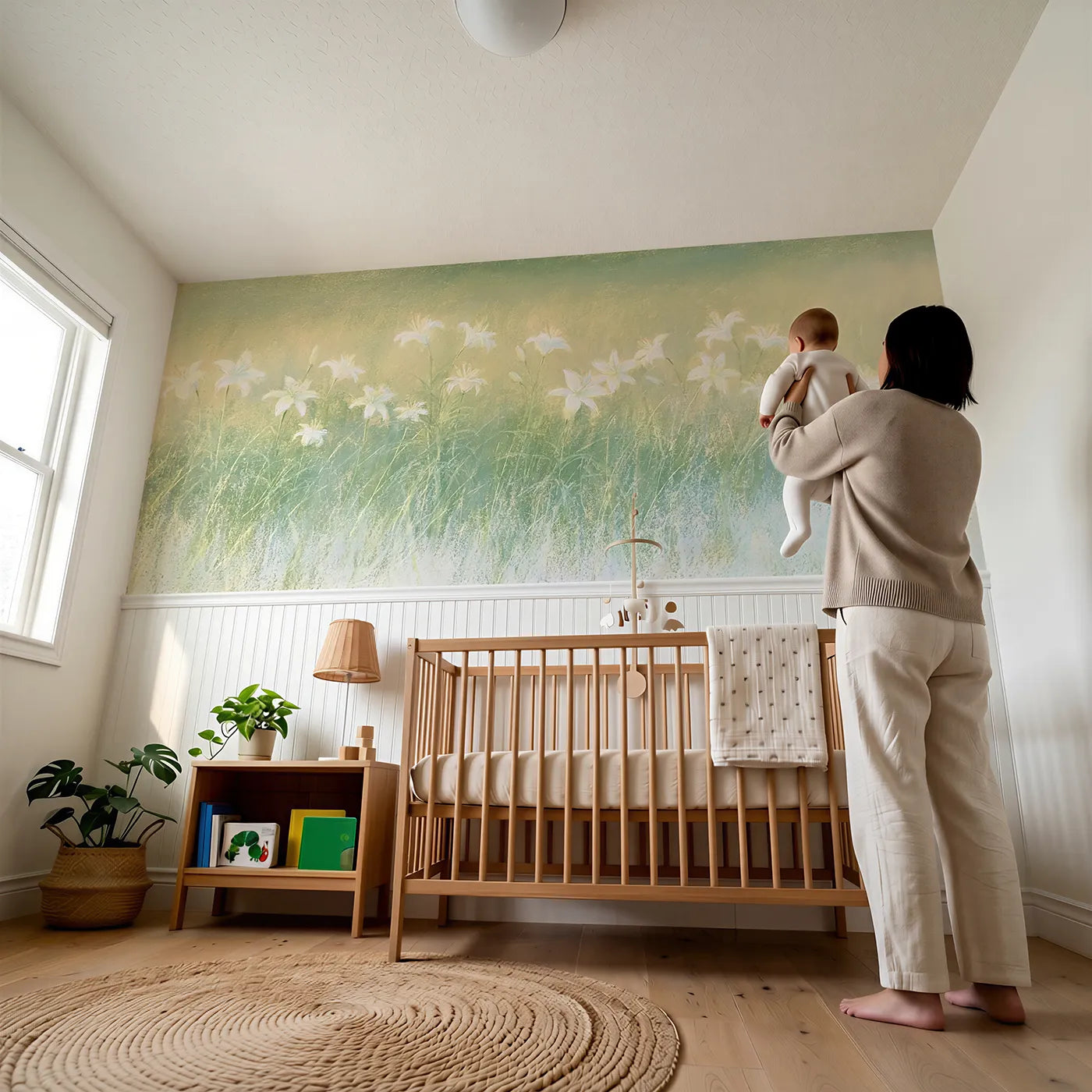 Child reading near The Lilies Of The Field Wainscoting Wallpaper by Whimsy Tots