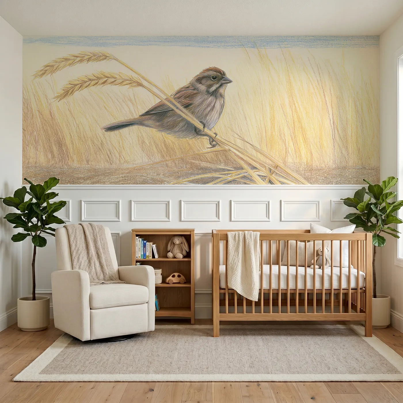 Colored pencil wainscoting wallpaper of the sparrow watched by Whimsy Tots