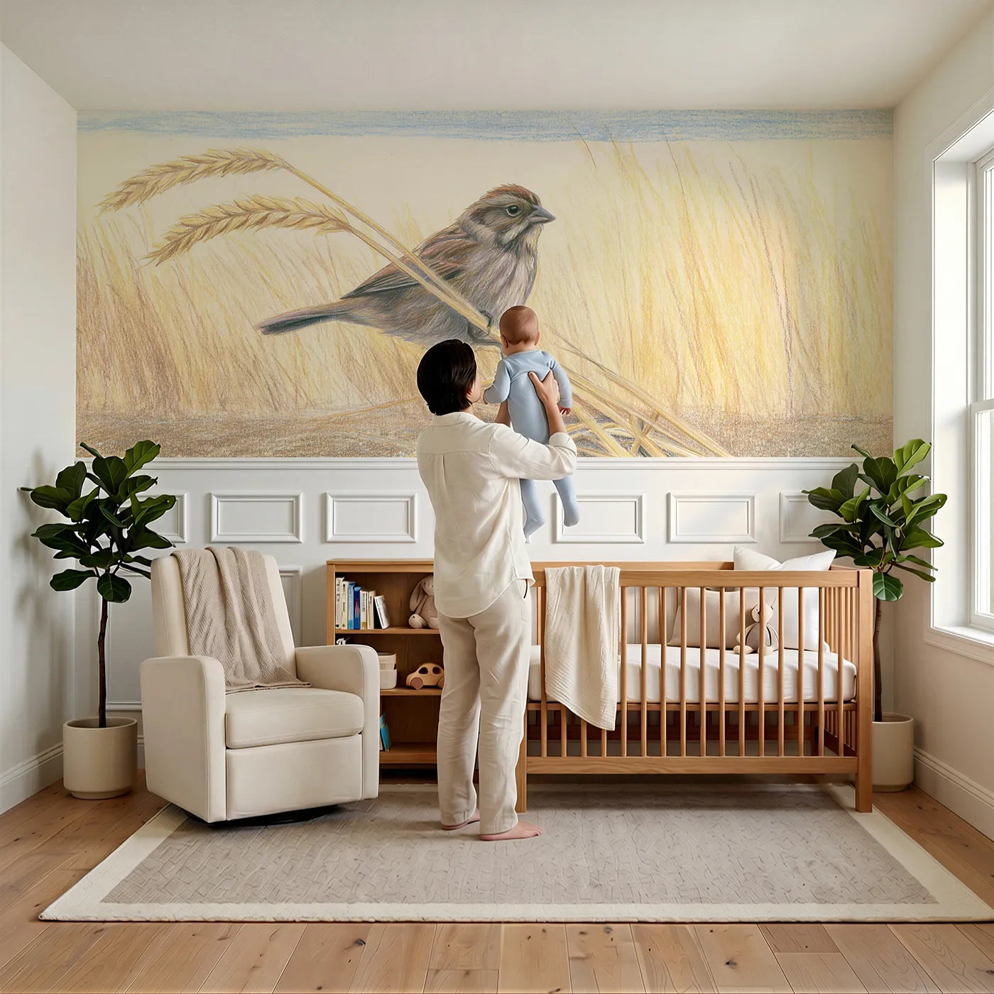 Child reading near The Sparrow Watched Wainscoting Wallpaper by Whimsy Tots
