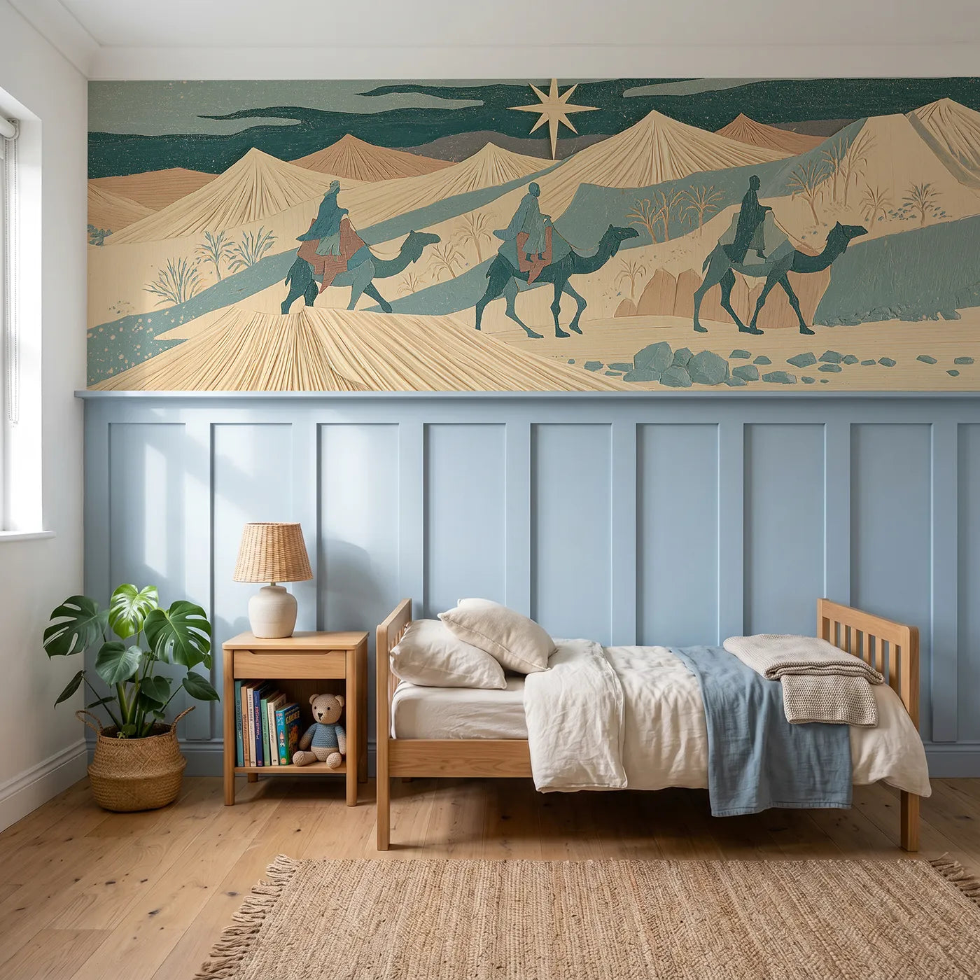 Block print wainscoting wallpaper of camels on the dunes by Whimsy Tots