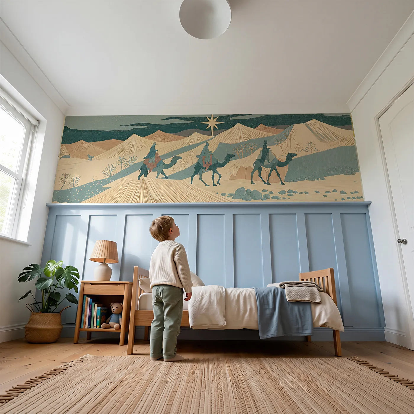 Child reading near Camels On The Dunes Wainscoting Wallpaper by Whimsy Tots