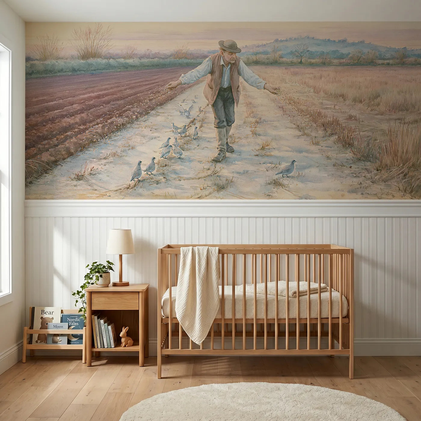 Storybook wainscoting wallpaper of the sower at his scattering by Whimsy Tots