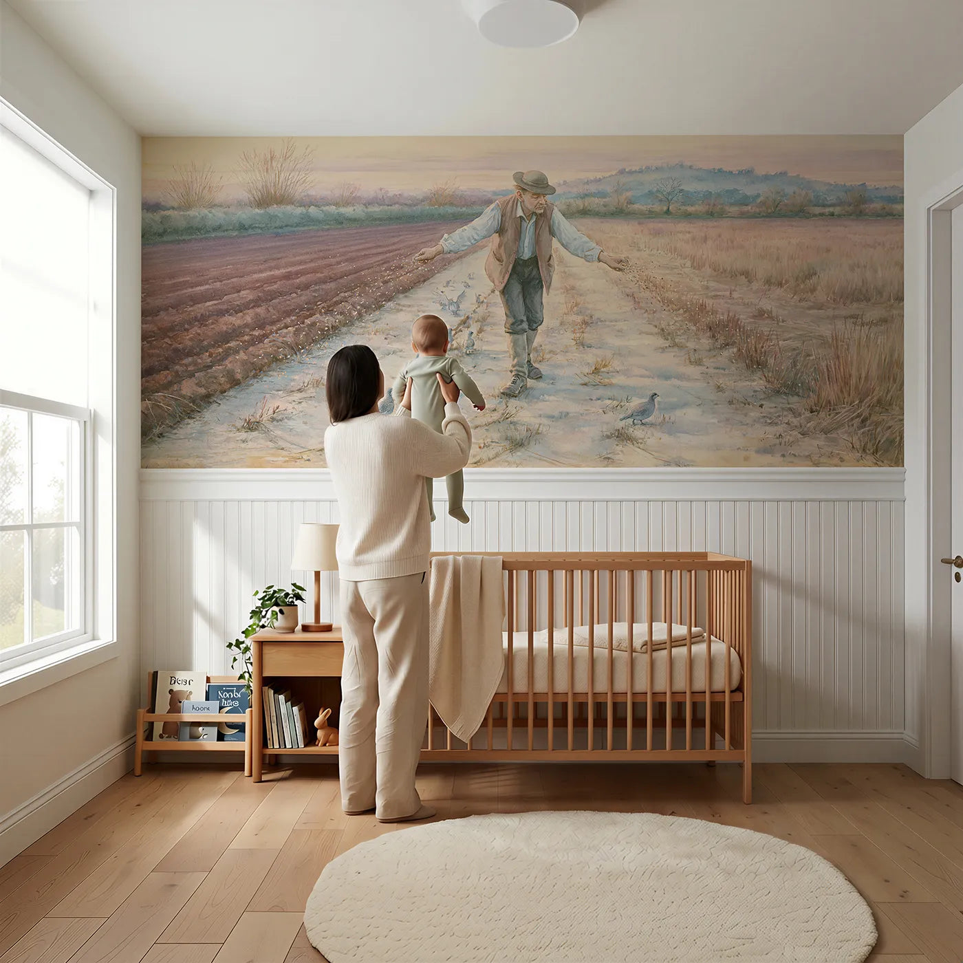 Child reading near The Sower At His Scattering Wainscoting Wallpaper by Whimsy Tots
