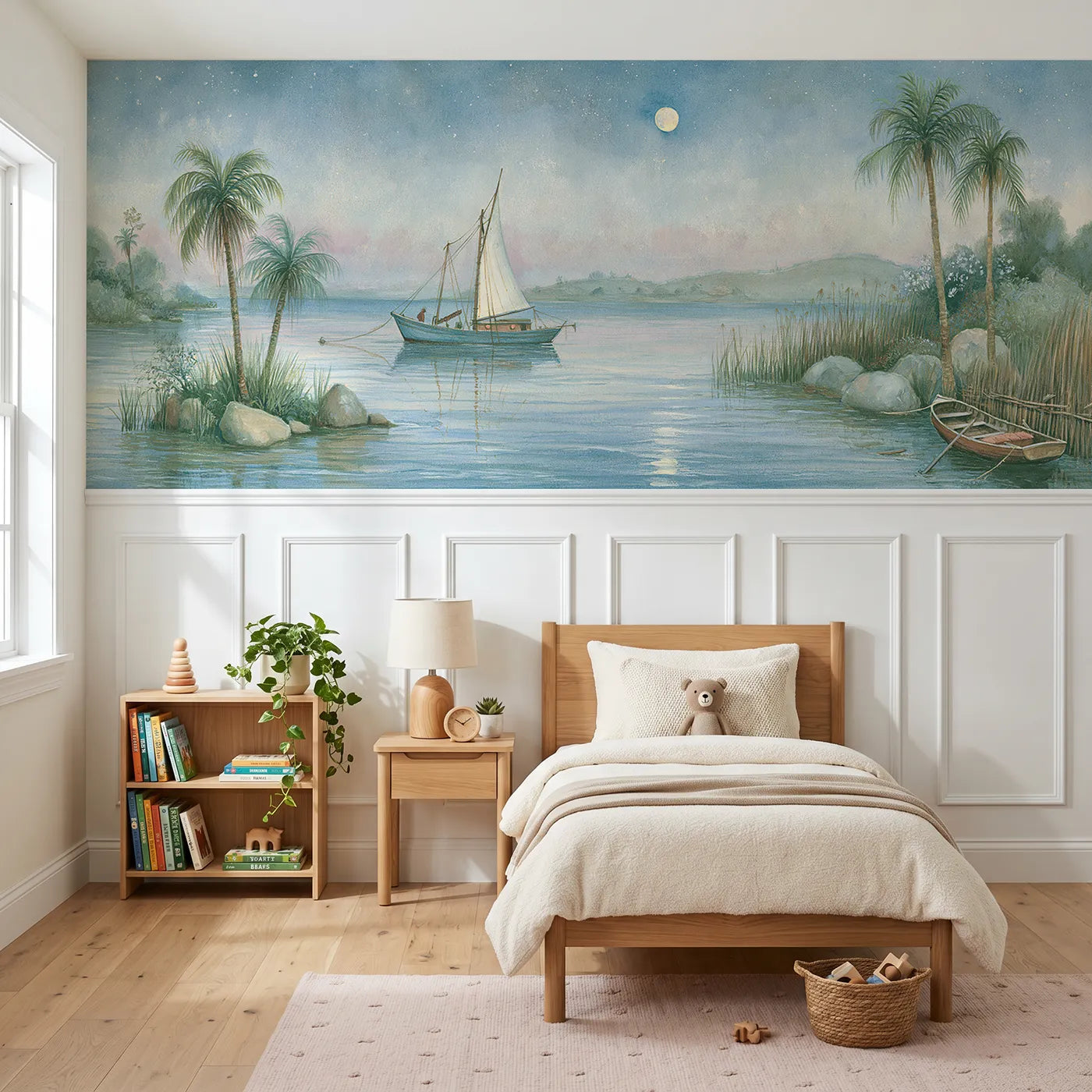 Storybook wainscoting wallpaper of the ship asleep at anchor by Whimsy Tots