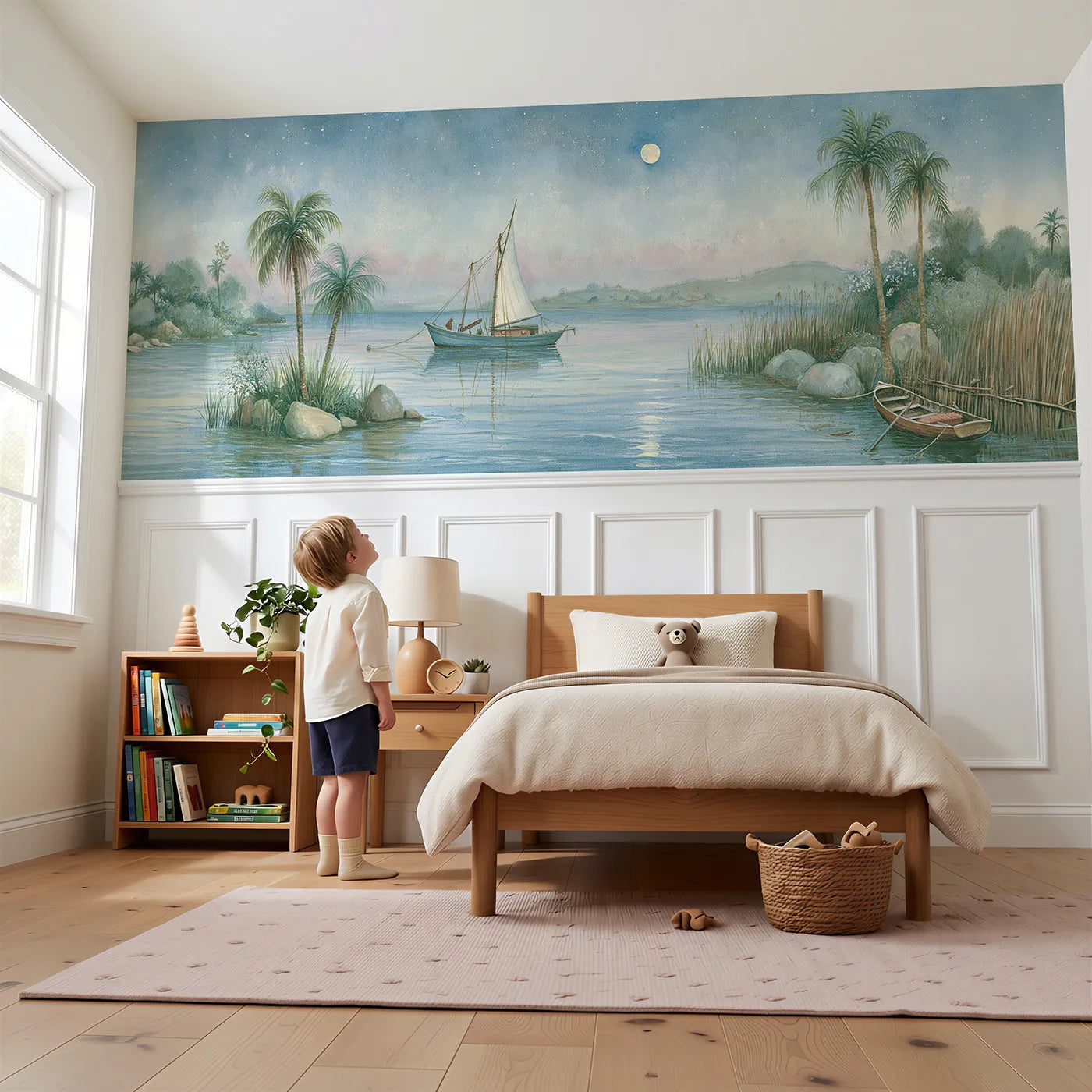 Child reading near The Ship Asleep At Anchor Wainscoting Wallpaper by Whimsy Tots