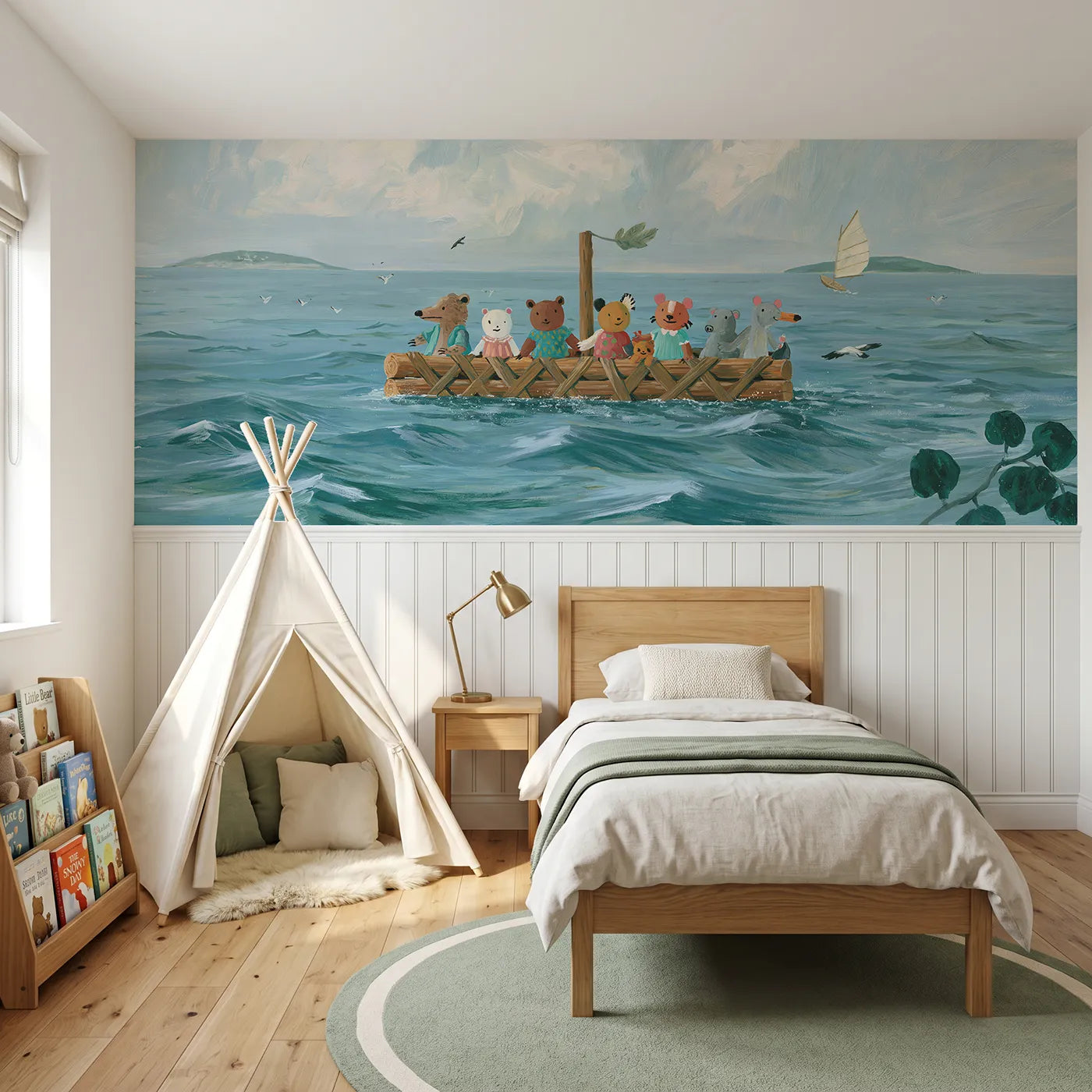 Modern illustration wainscoting wallpaper of the little raft by Whimsy Tots