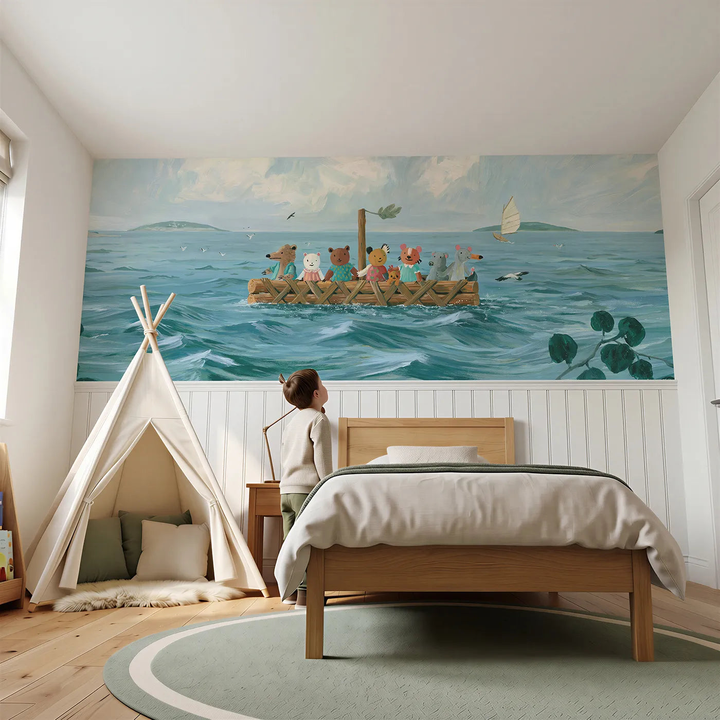 Child reading near The Little Raft Wainscoting Wallpaper by Whimsy Tots