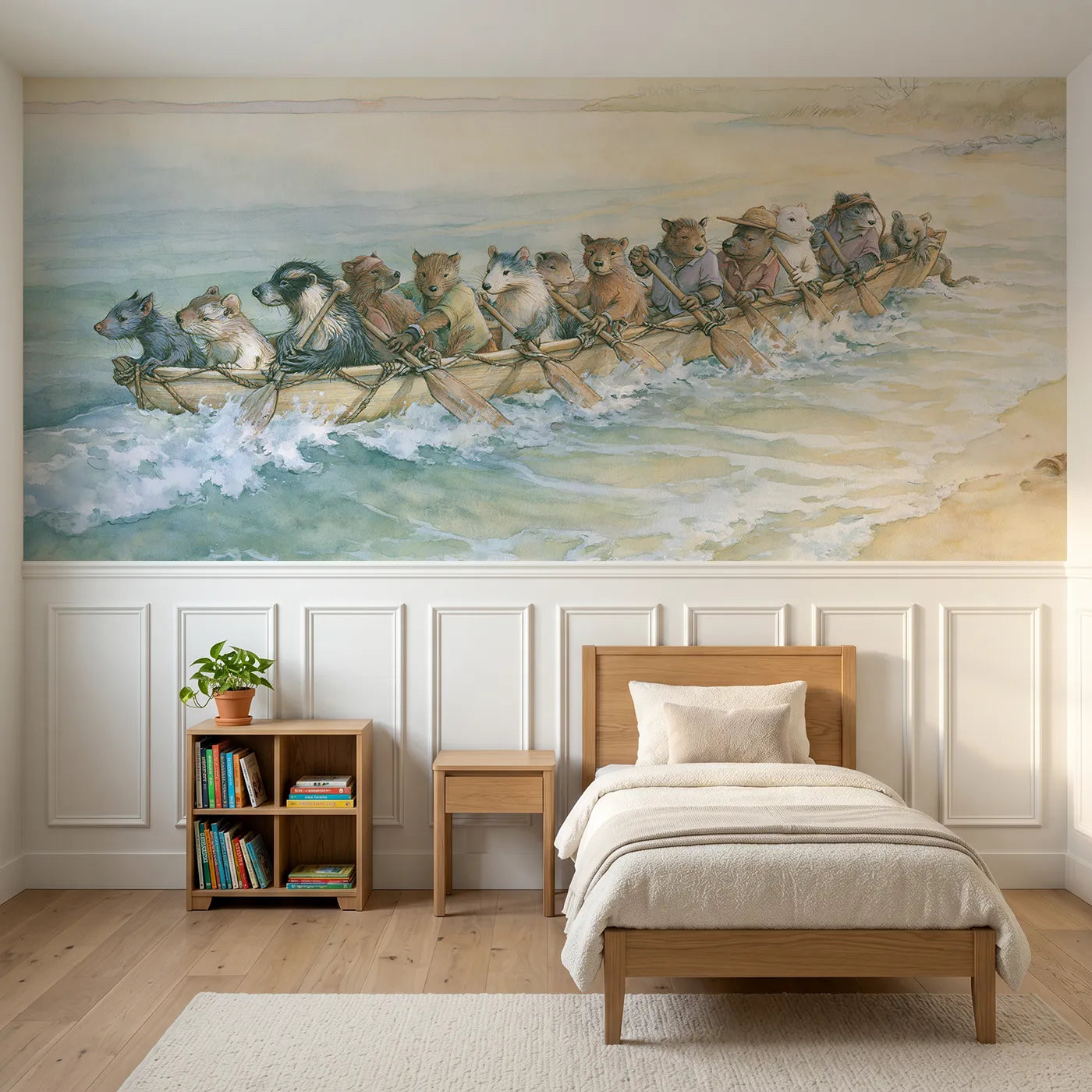 Storybook wainscoting wallpaper of rowing in to shore by Whimsy Tots