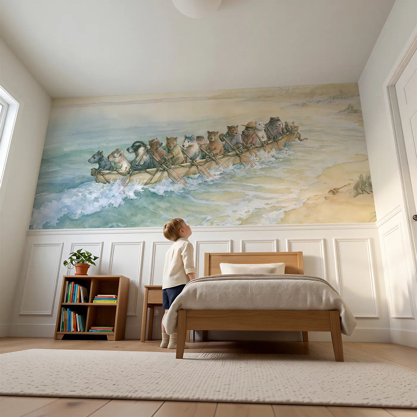 Child reading near Rowing In To Shore Wainscoting Wallpaper by Whimsy Tots