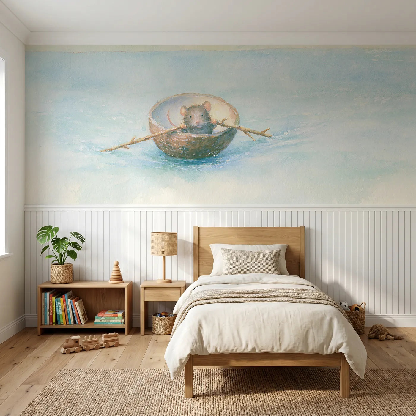 Soft pastel wainscoting wallpaper of the coconut rower by Whimsy Tots